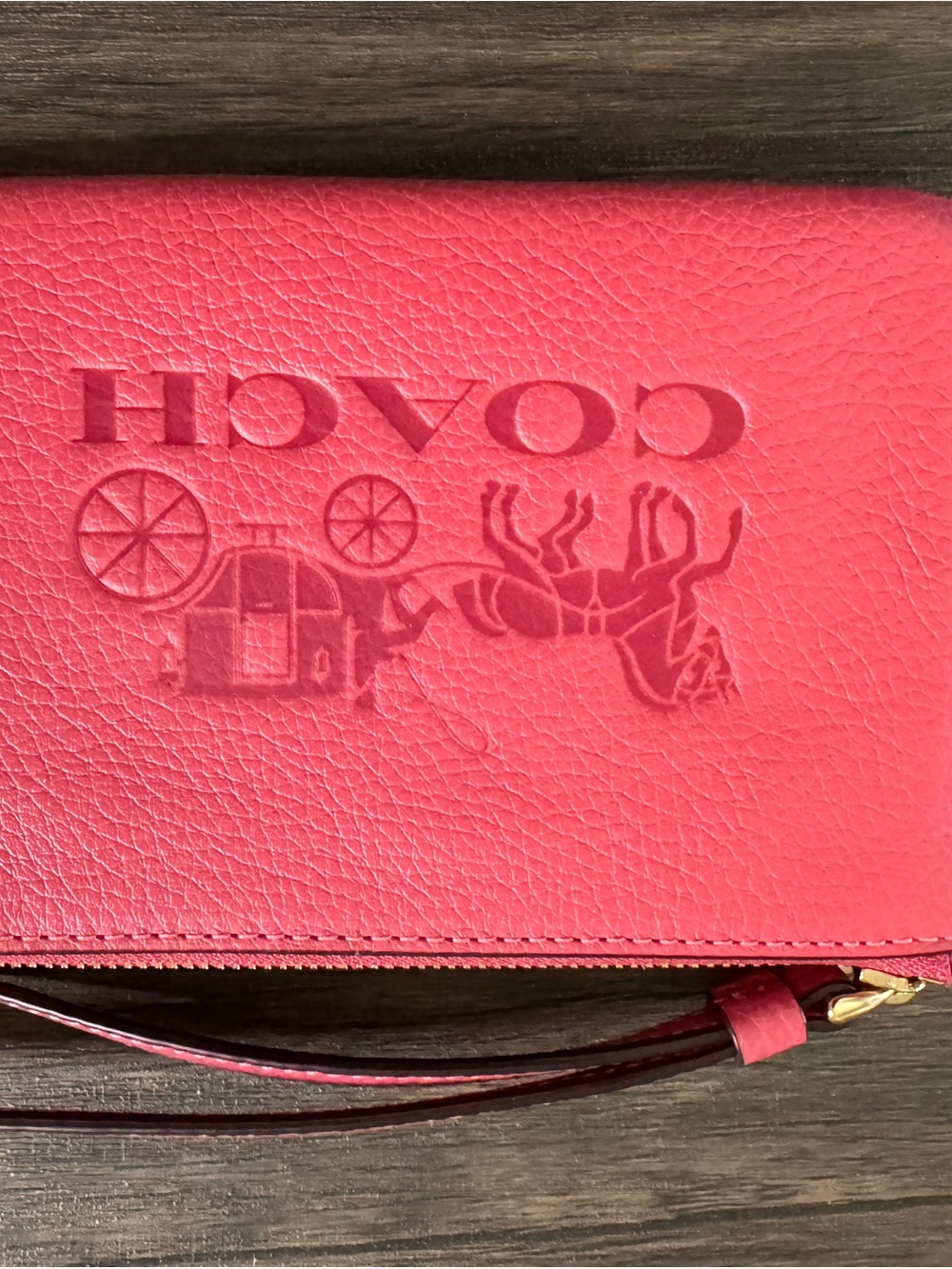 Coach Pink Leather Wristlet Clutch with Embossed Carriage